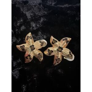 Rare Vintage Gold Star Leopard Look Brown Crystal Clip On Earrings
